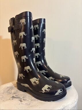 Ellie Wellies Navy Blue Elephant Print Capelli New York Rain Boots Wellington, 7